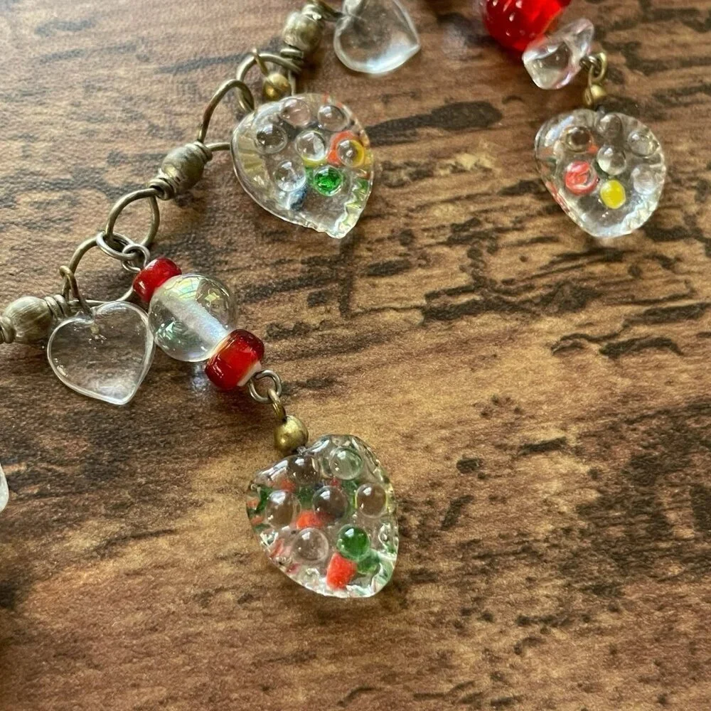 Vintage Art Glass Heart Charm Necklace Long Length 30
